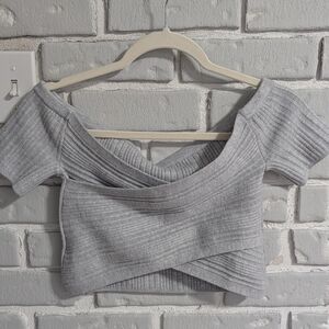 aerie Light Gray Ribbed Cross-Front Crop Top